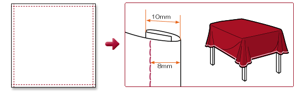 オリジナル印刷のテーブルクロス、三つ折りステッチ加工の仕様図
